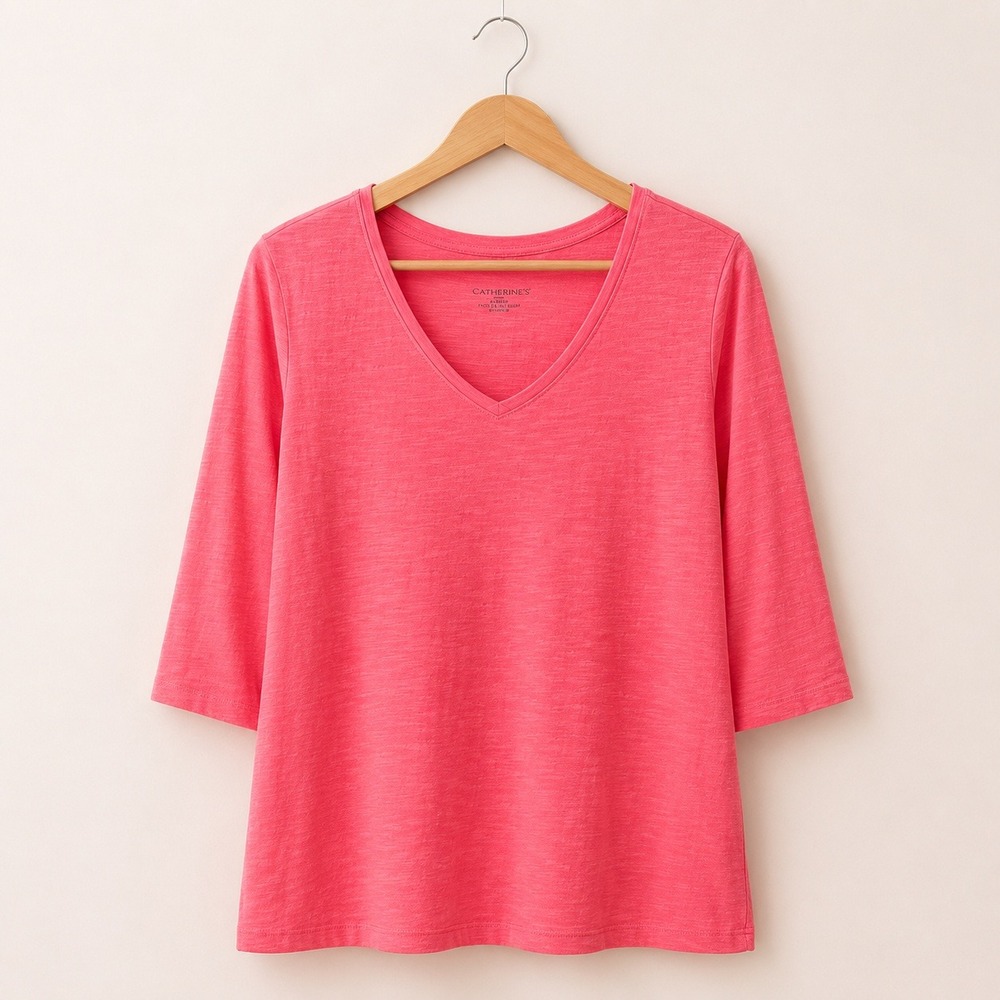 Catherines Dopamine Dressing V Neck Top Women 0X 14/16W Hot Pink Slub 3/4 Sleeve